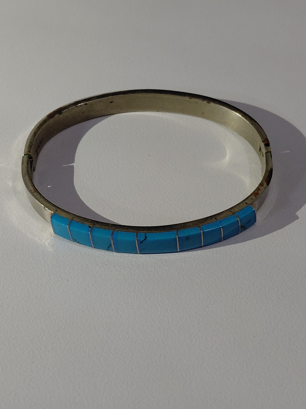 Turquoise Inlay Hinged Silver-Tone Bangle Bracelet - Blue